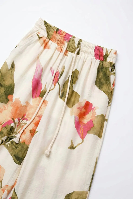 Cream Floral Print wide leg Pants with Elastic Waist - Pants