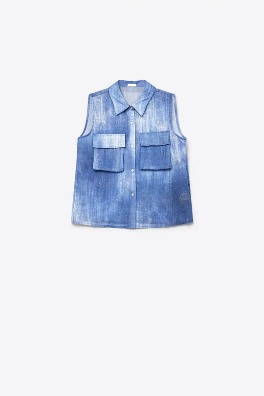 Blue Tie-Dye Sleeveless Shirt with embellished Rhinestone - Shirts