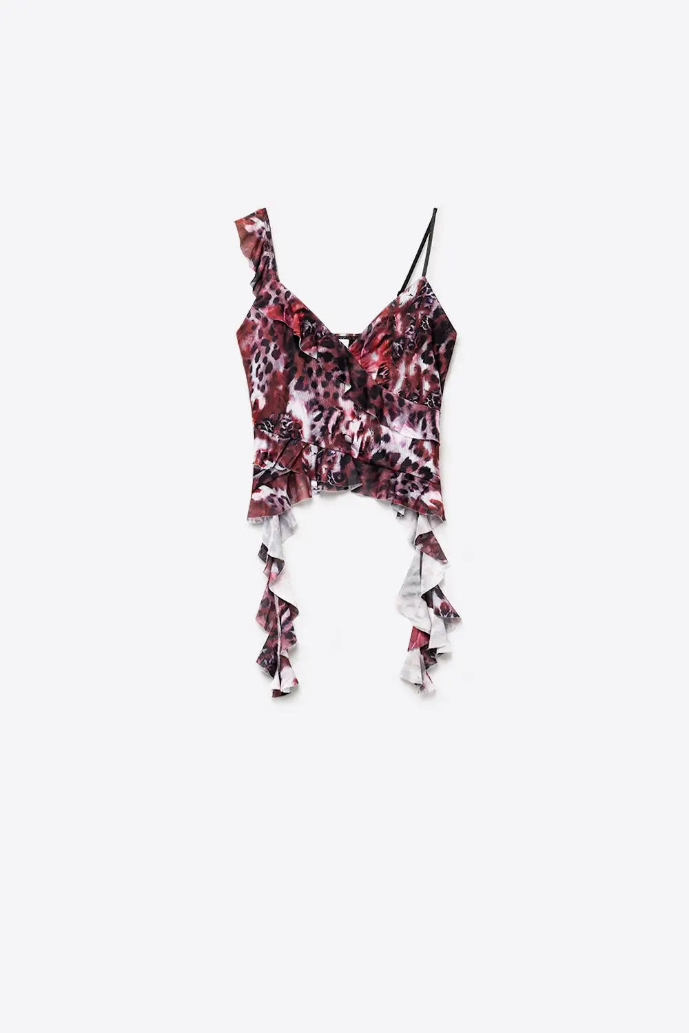 Animal Print Burgundy mesh Crop Top With Asymmetric Ruffle Detail