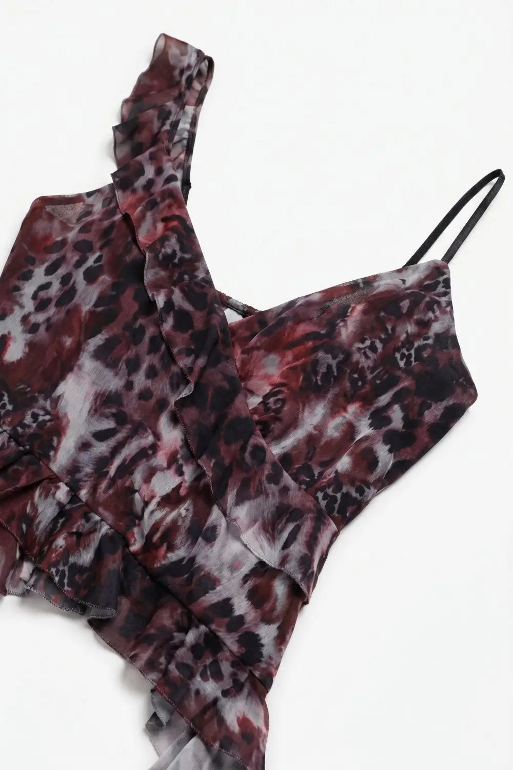Animal Print Burgundy mesh Crop Top With Asymmetric Ruffle Detail