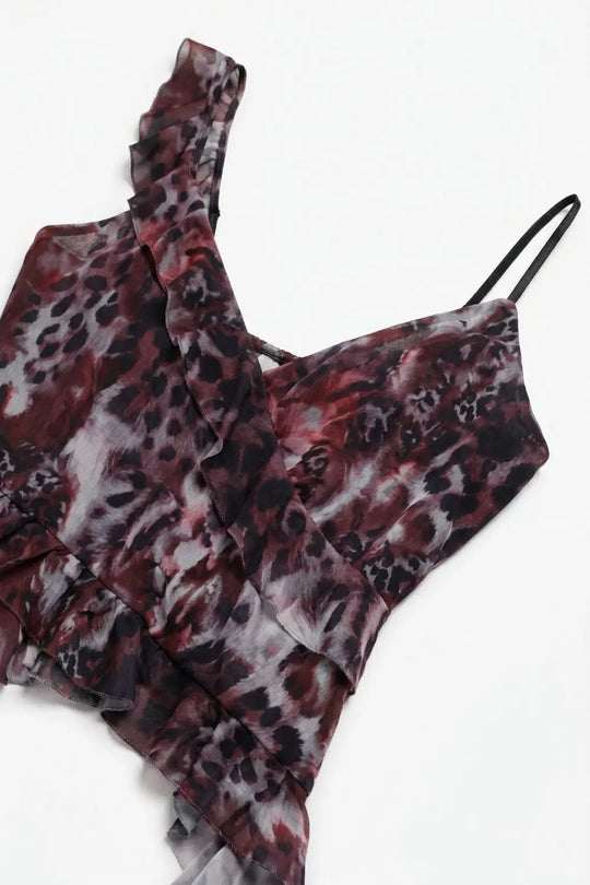Animal Print Burgundy mesh Crop Top With Asymmetric Ruffle Detail