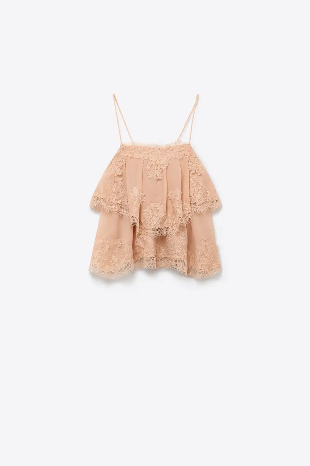 Beige Lace Insert Chiffon Tiered Ruffle Relaxed Fit Cami Top - Tops