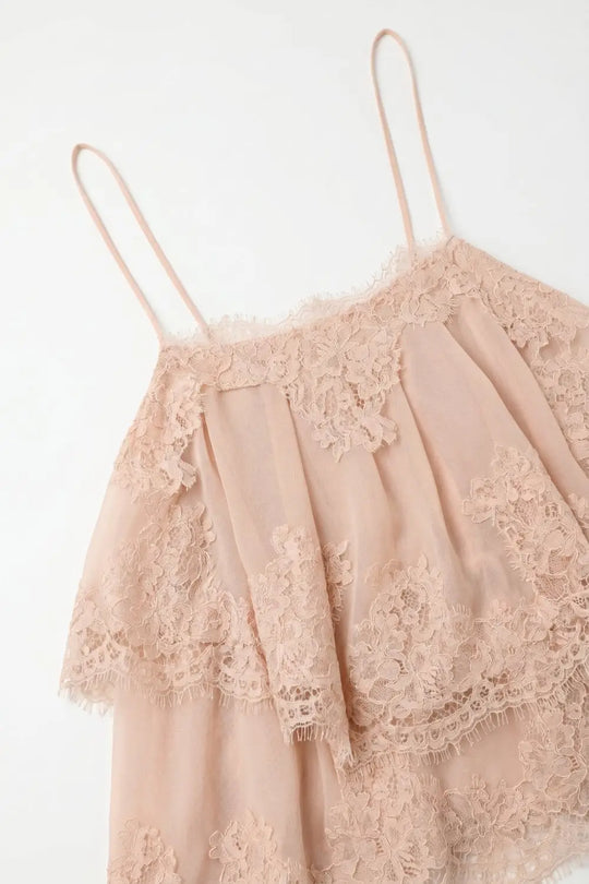 Beige Lace Insert Chiffon Tiered Ruffle Relaxed Fit Cami Top - Tops