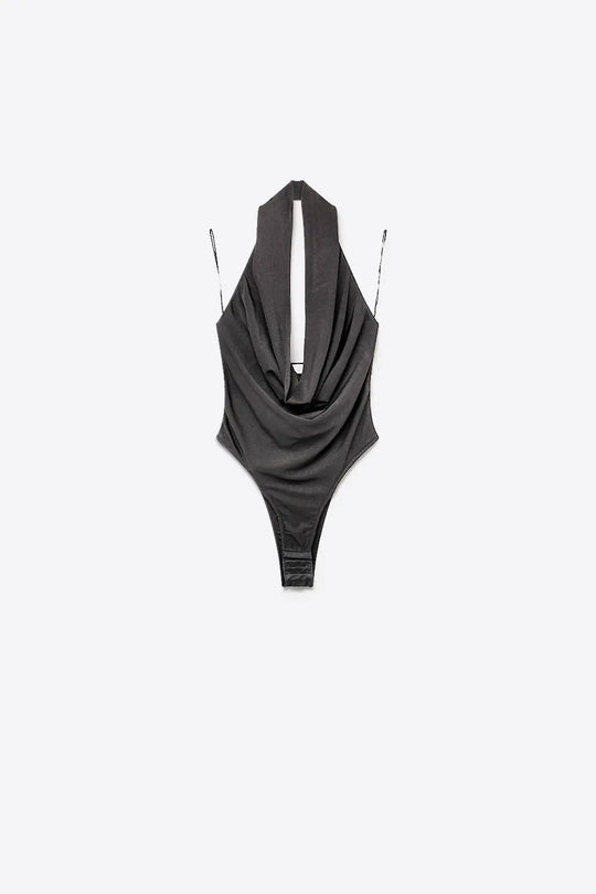 Black Lightweight Jersey Cowl Neck Halter Bodysuit - Tops