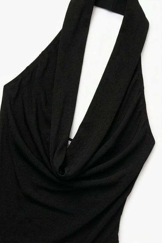 Black Lightweight Jersey Cowl Neck Halter Bodysuit - Tops