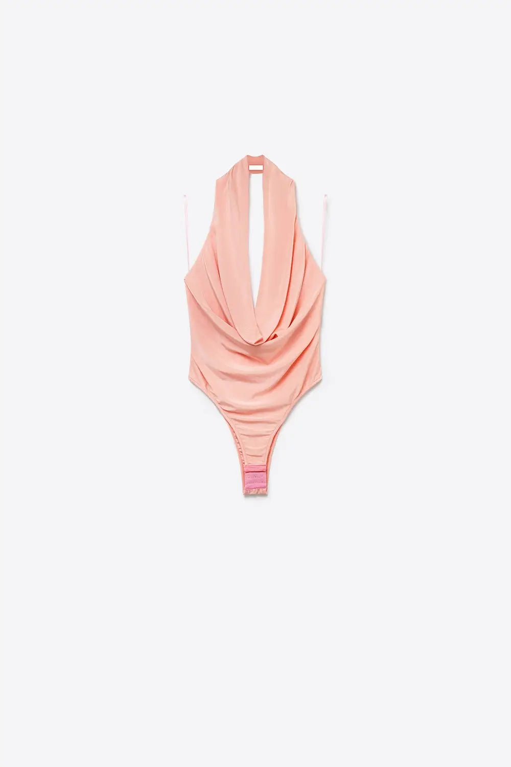 Pink Stretch Jersey Draped Cowl Neck Halter Bodysuit - Tops