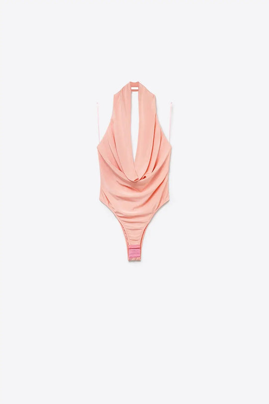 Pink Stretch Jersey Draped Cowl Neck Halter Bodysuit - Tops
