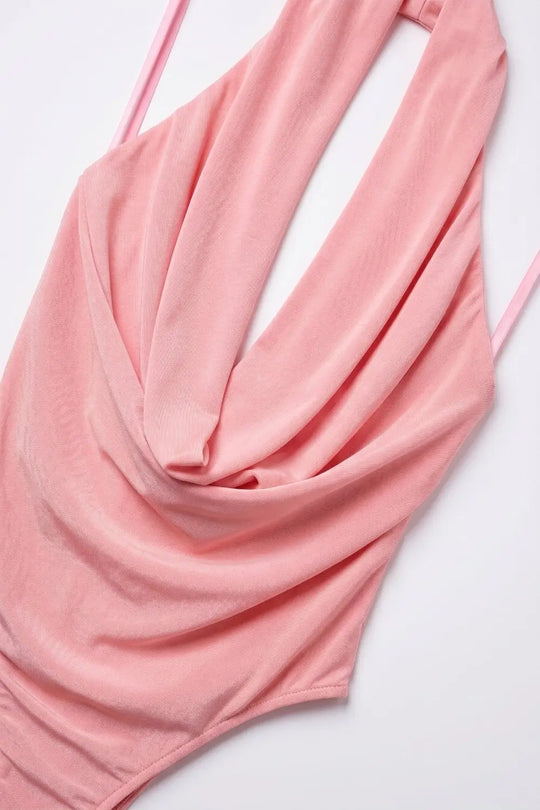 Pink Stretch Jersey Draped Cowl Neck Halter Bodysuit - Tops