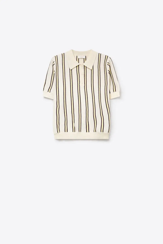 Cream Stripe Fine Knit Button-up Polo