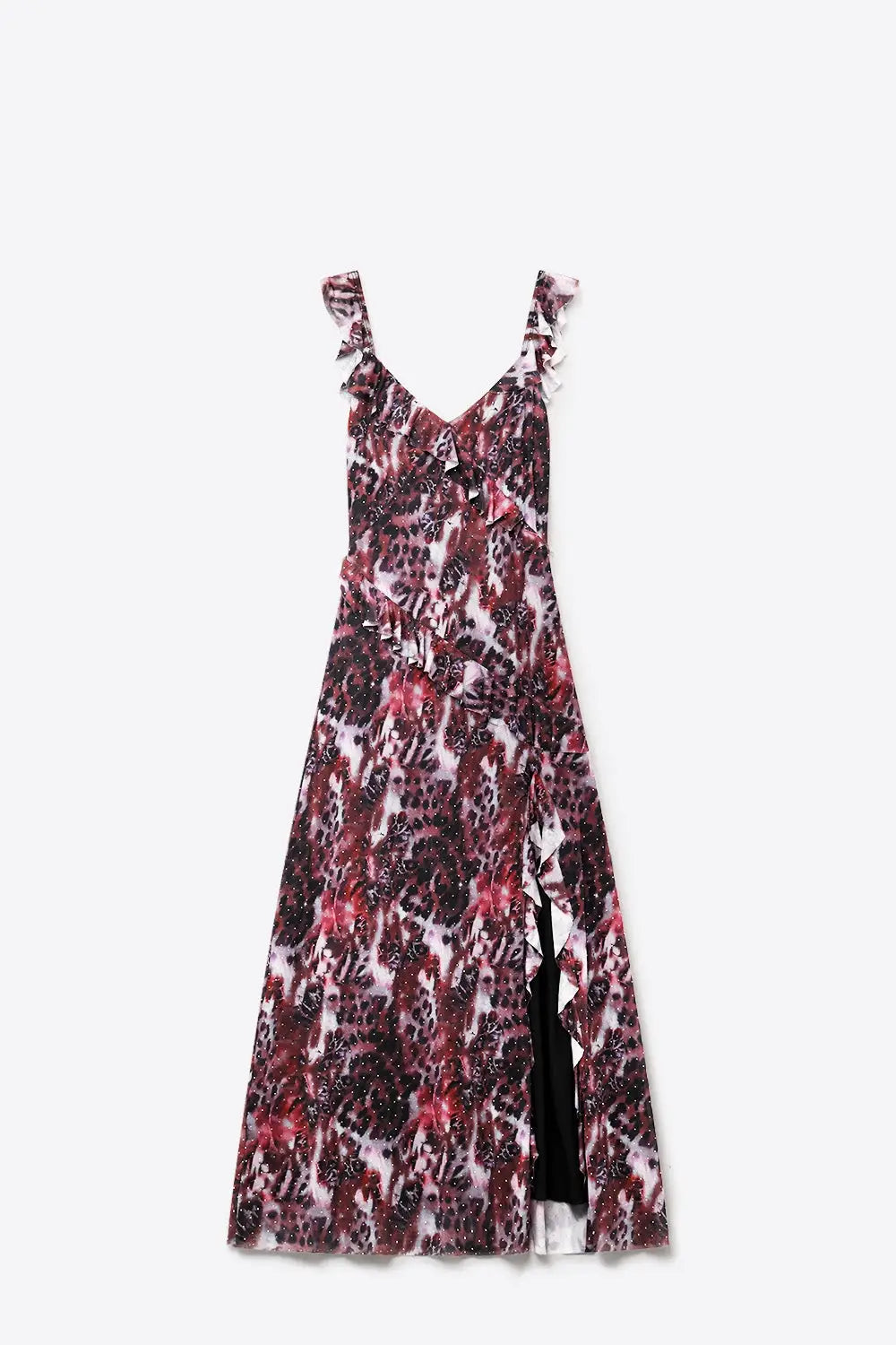 Animal Print Burgundy Mesh Dress With Ruffle Detail
