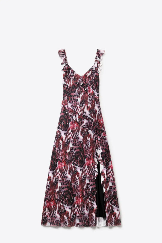 Animal Print Burgundy Mesh Dress With Ruffle Detail