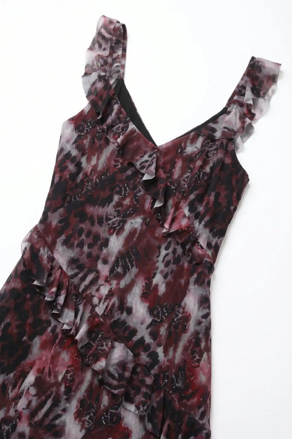 Animal Print Burgundy Mesh Dress With Ruffle Detail