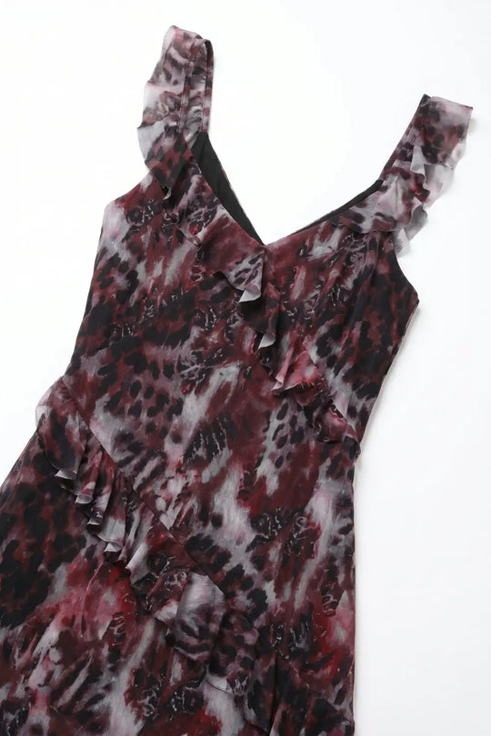 Animal Print Burgundy Mesh Dress With Ruffle Detail