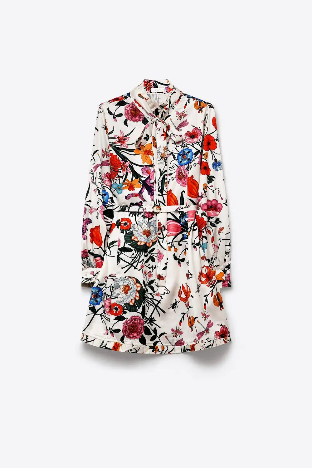 White Floral Print Lightweight Woven Belted Long Sleeve Mini Dress - Dresses
