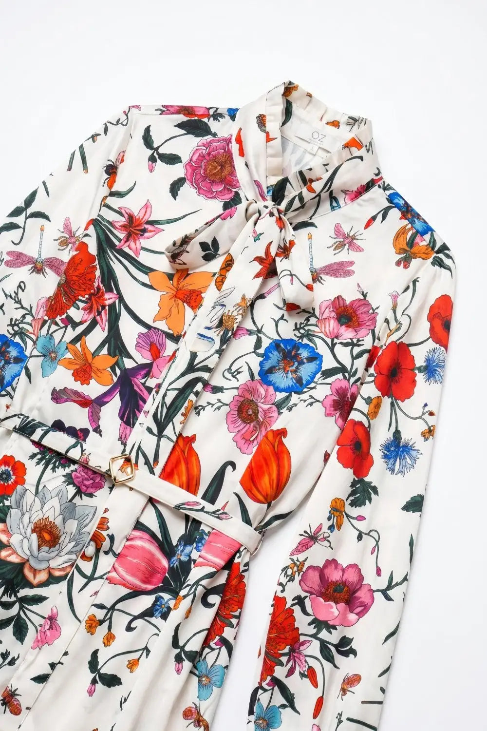 White Floral Print Lightweight Woven Belted Long Sleeve Mini Dress - Dresses