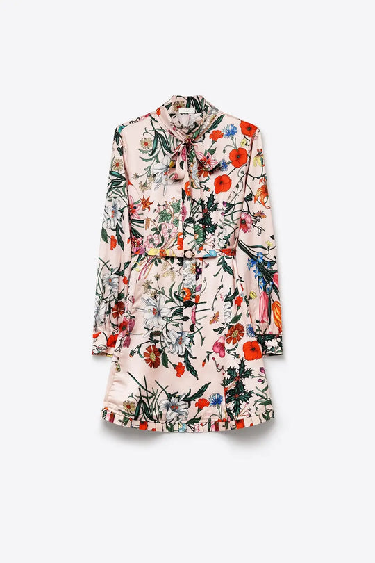 Pink Floral Print Satin Tie Neck Belted Mini Dress - Dresses