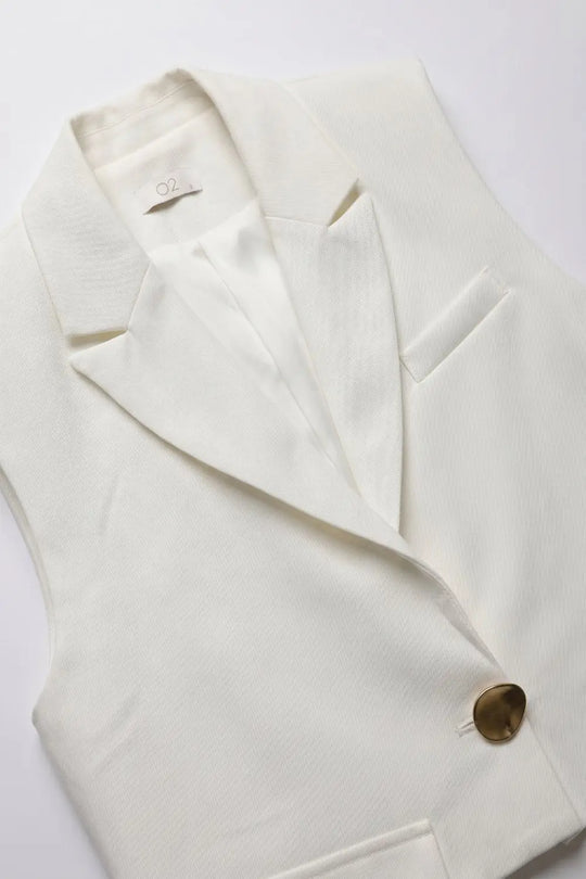 White Woven Tailored Shawl Lapel Single Button Cropped Vest - Jackets