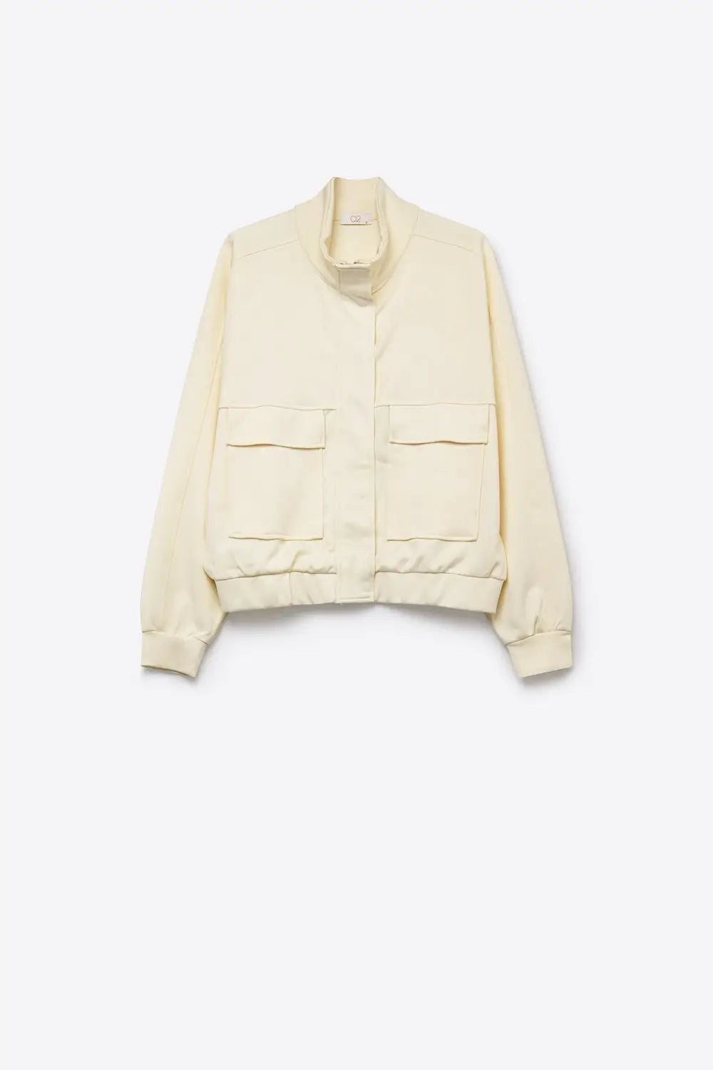 Cream viscose High Collar Pocket Front Relaxed Fit Bomber Jacket - Jackets