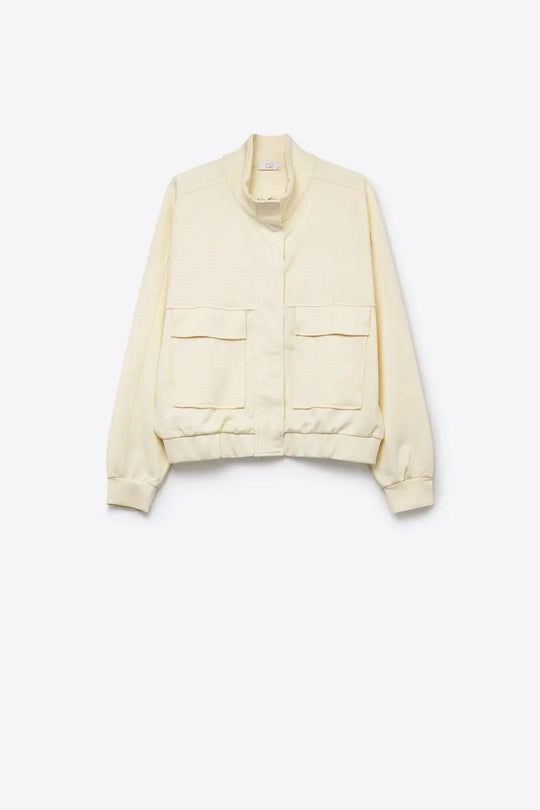 Cream viscose High Collar Pocket Front Relaxed Fit Bomber Jacket - Jackets