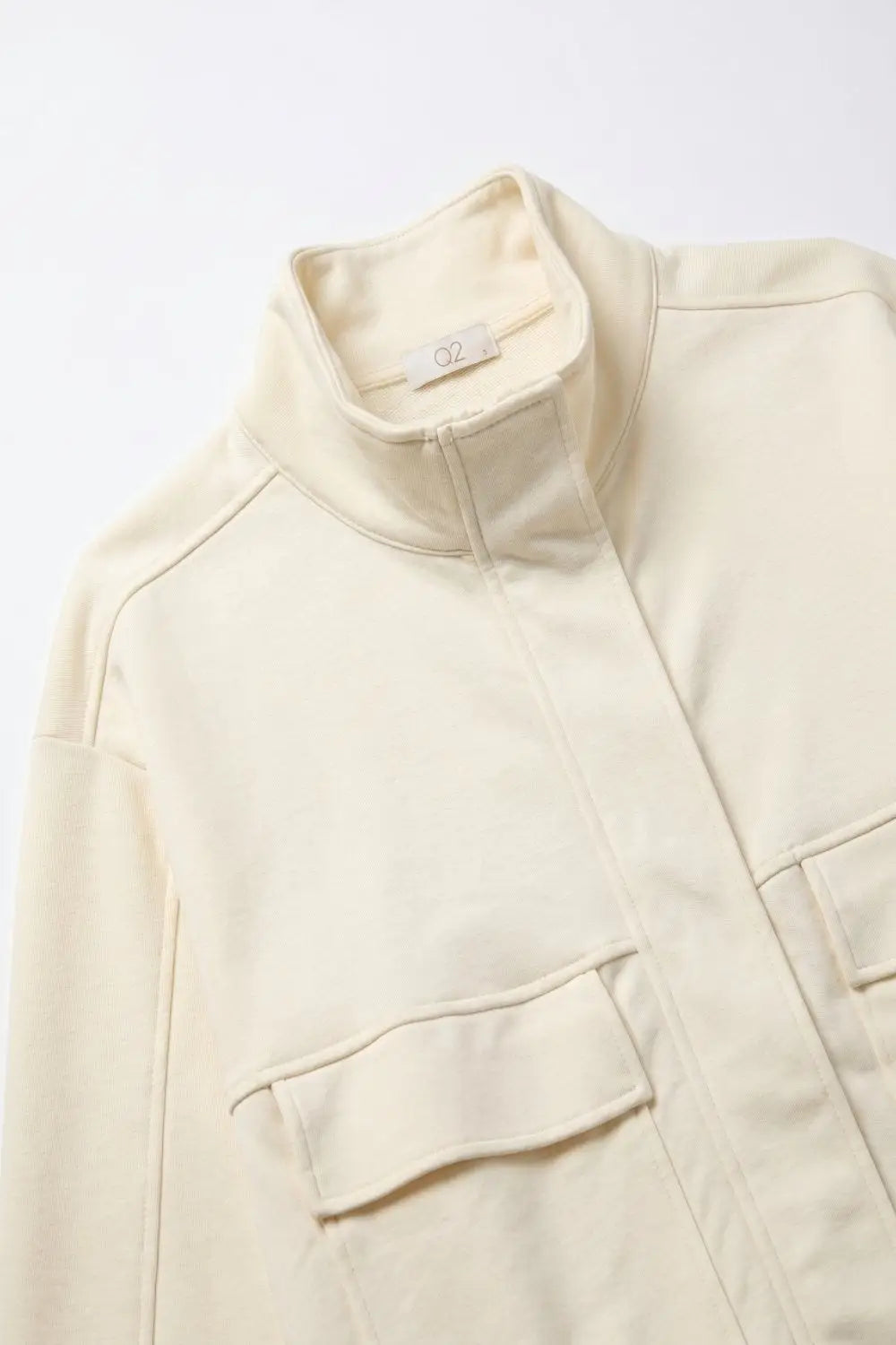 Cream viscose High Collar Pocket Front Relaxed Fit Bomber Jacket - Jackets