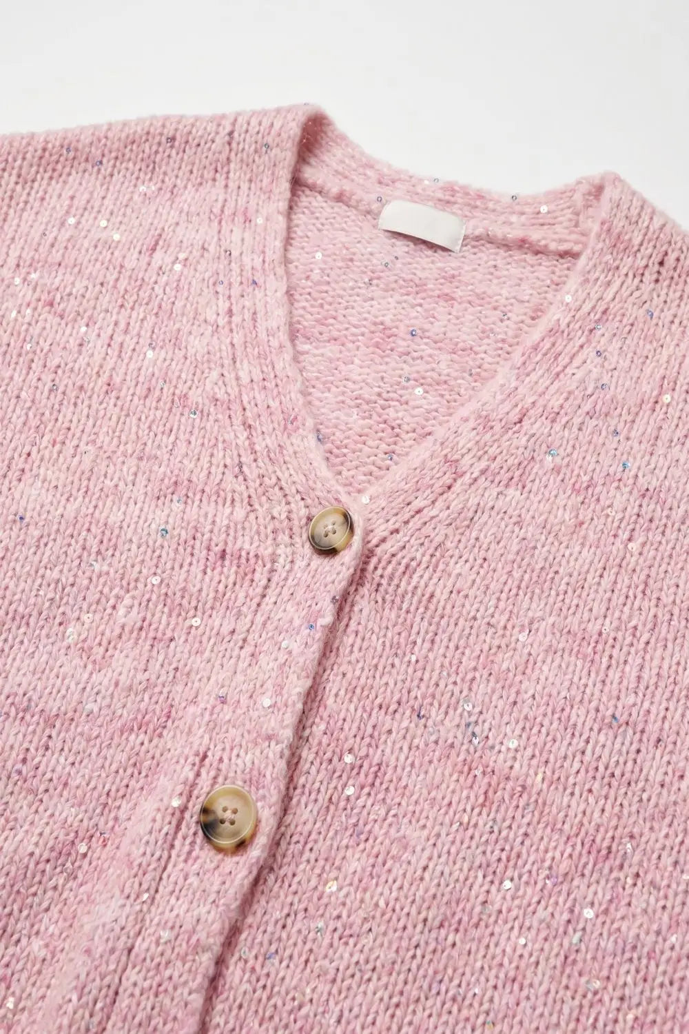Pink fluffy Knit Button Front Relaxed Fit Cardigan with sequin details - PINK / ONE - Cardigans