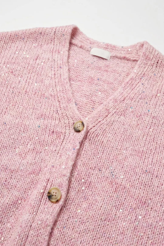Pink fluffy Knit Button Front Relaxed Fit Cardigan with sequin details - PINK / ONE - Cardigans