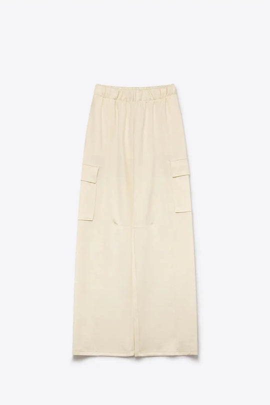 Cream viscose Elastic Waist Cargo Pocket Wide Leg Pants - Pants