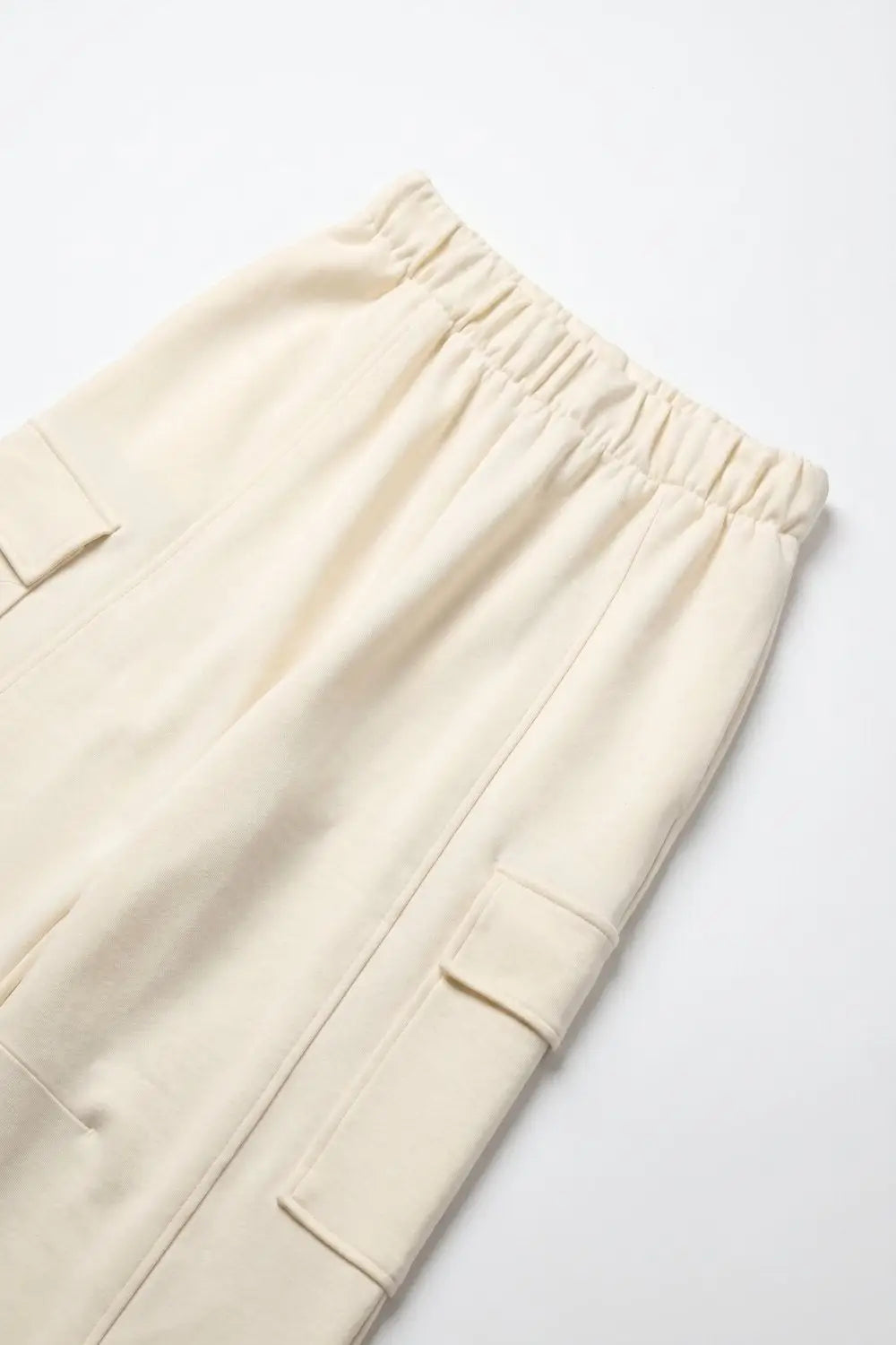 Cream viscose Elastic Waist Cargo Pocket Wide Leg Pants - Pants