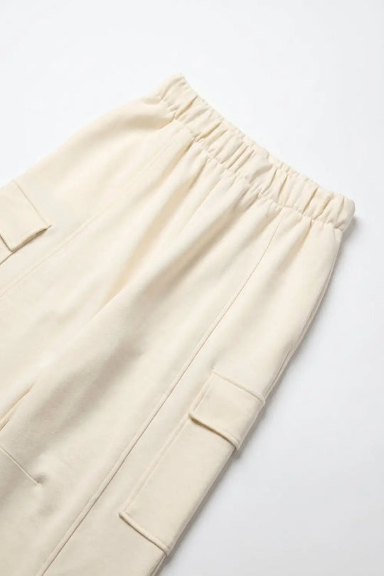Cream viscose Elastic Waist Cargo Pocket Wide Leg Pants - Pants