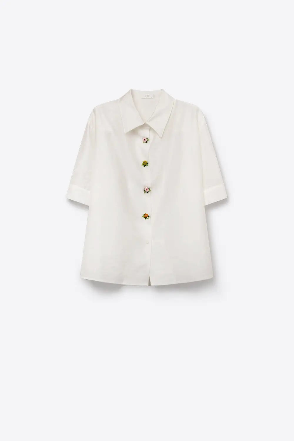 White Tencel Shirt with Jewel Flower Buttons - Shirts