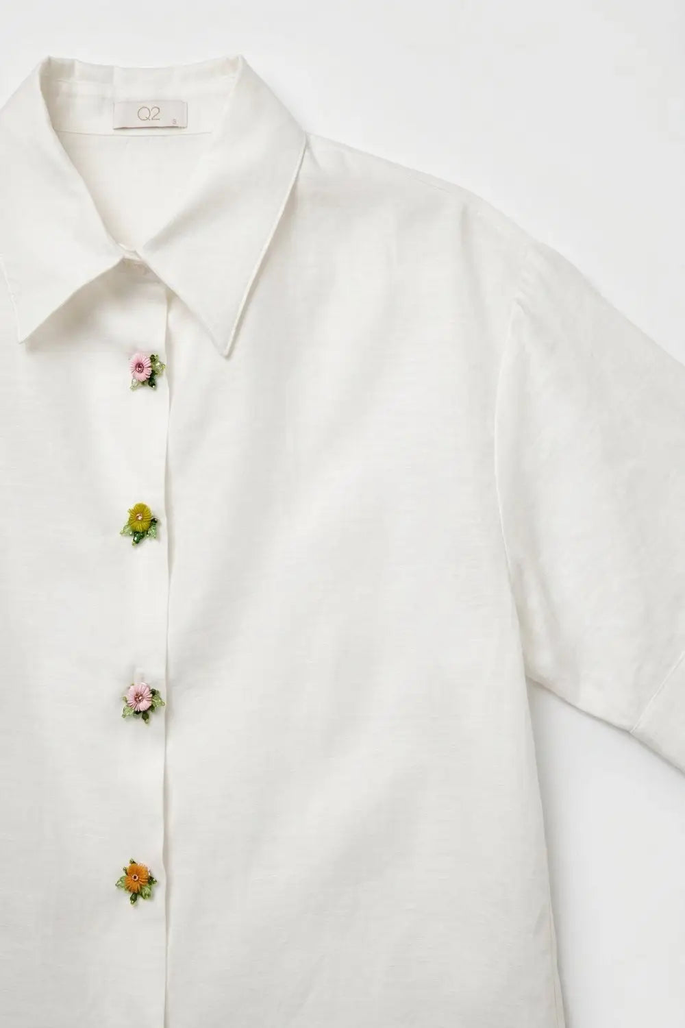 White Tencel Shirt with Jewel Flower Buttons - Shirts