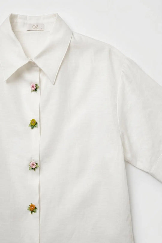 White Tencel Shirt with Jewel Flower Buttons - Shirts