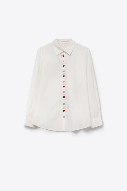 White Heart Embroidered Button Front Shirt - Shirts