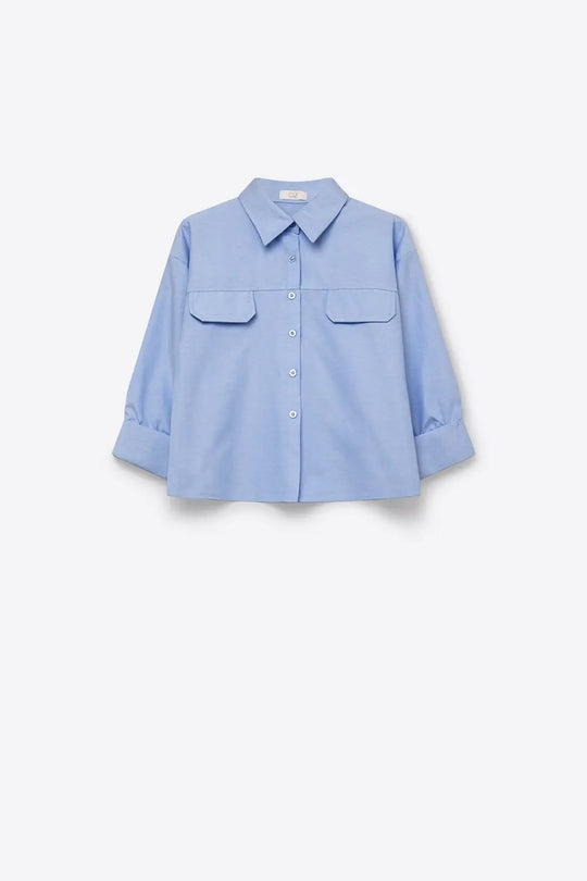 Light Blue oxford fabric Cropped Shirt with 3/4 sleeves - BLUE / ONE - Shirts
