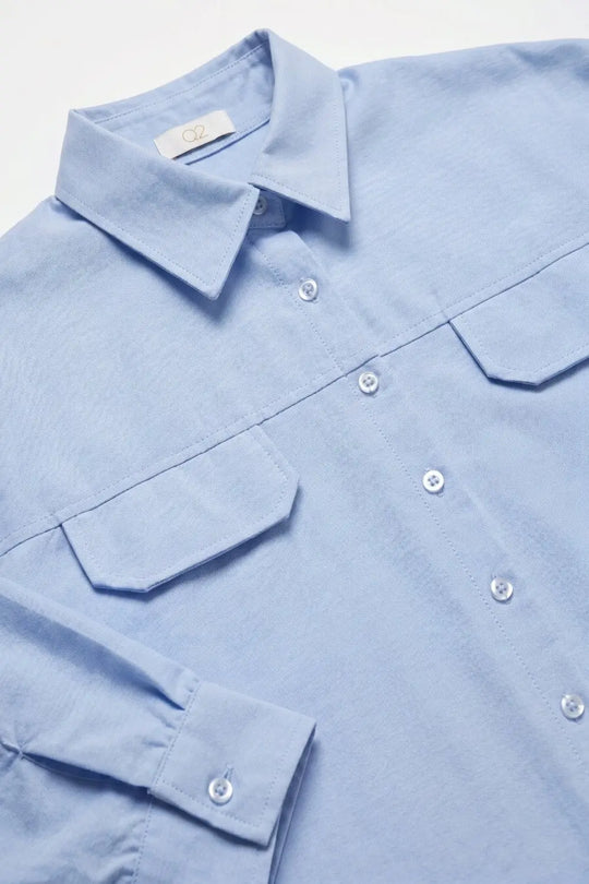 Light Blue oxford fabric Cropped Shirt with 3/4 sleeves - BLUE / ONE - Shirts