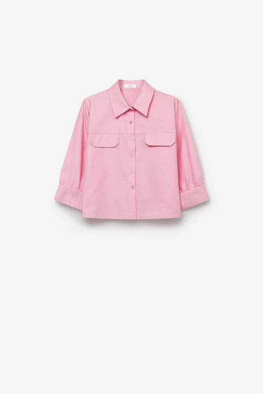 Pink oxford fabric Cropped Shirt with Chest Pockets - PINK / ONE - Shirts