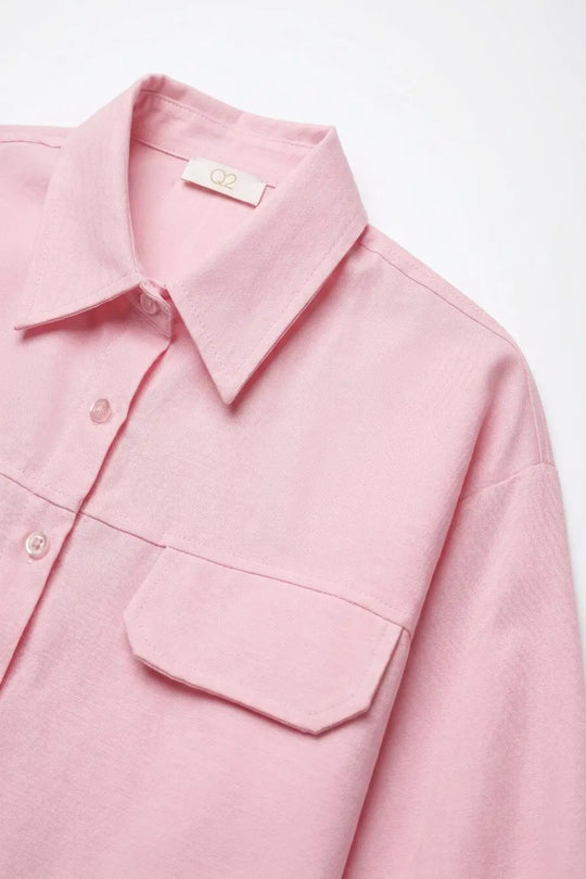Pink oxford fabric Cropped Shirt with Chest Pockets - PINK / ONE - Shirts