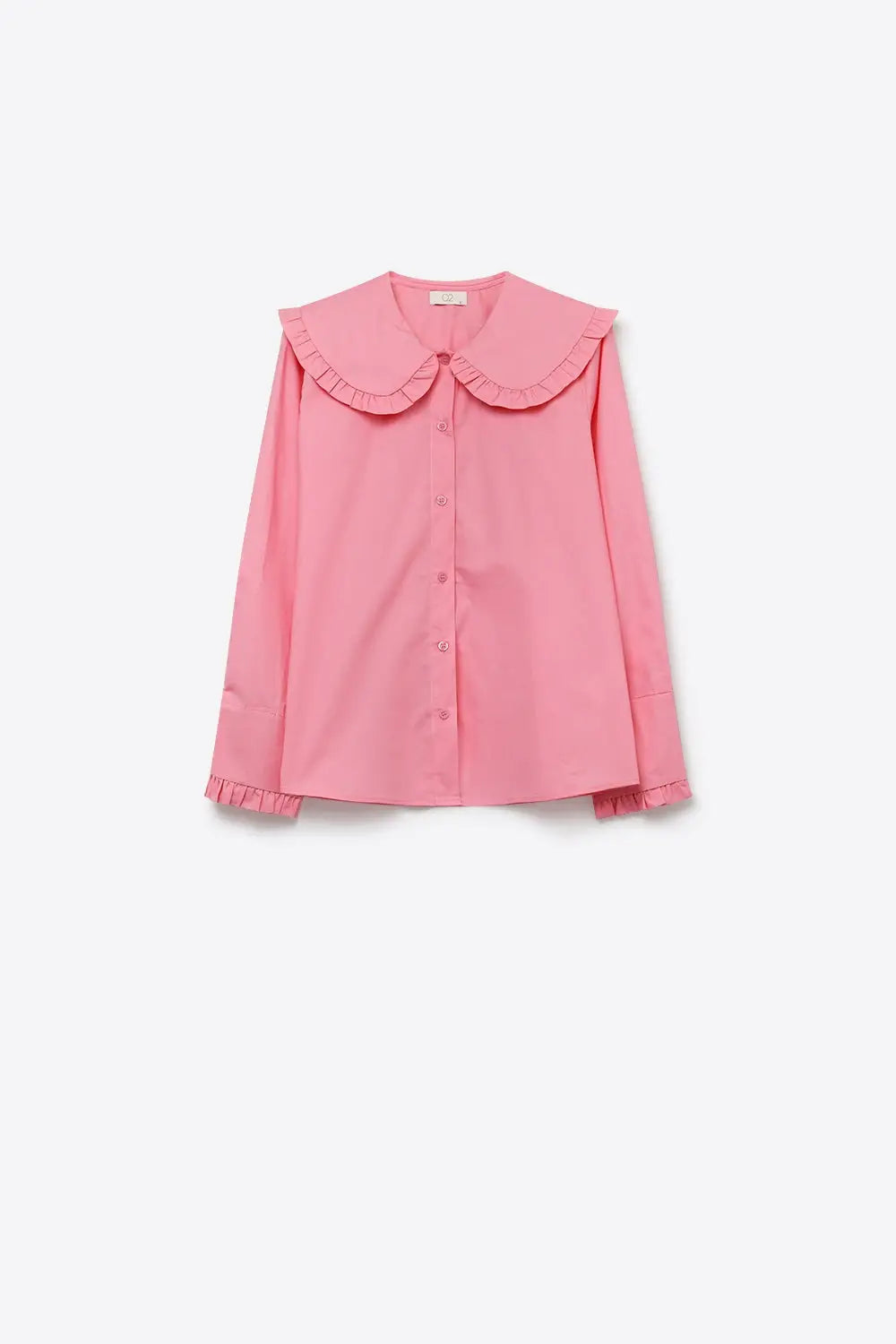 Pink Cotton Poplin Ruffle Prairie Collar Long Sleeve Shirt - Shirts