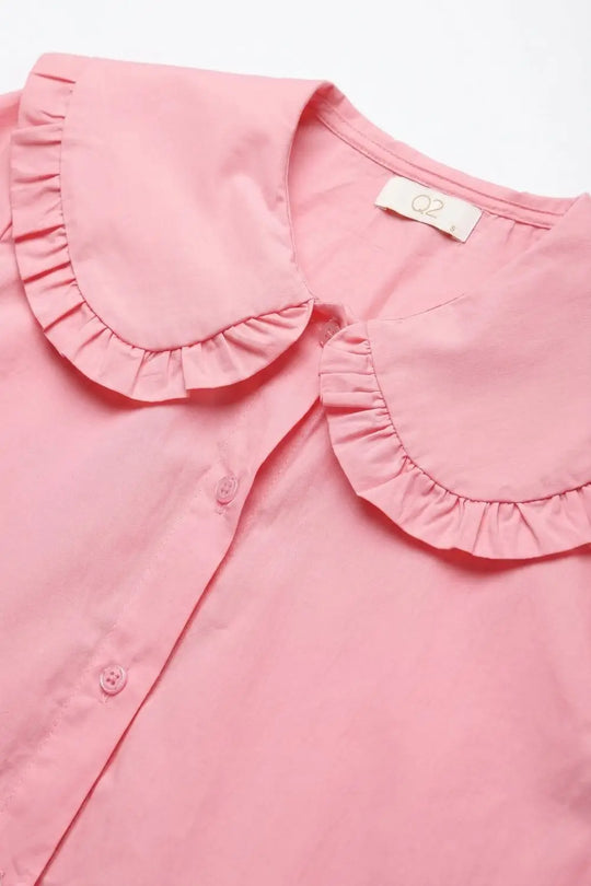 Pink Cotton Poplin Ruffle Prairie Collar Long Sleeve Shirt - Shirts