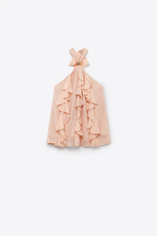 Chiffon Ruffle Detail Halter Neck Sleeveless top in Light Pink - Tops