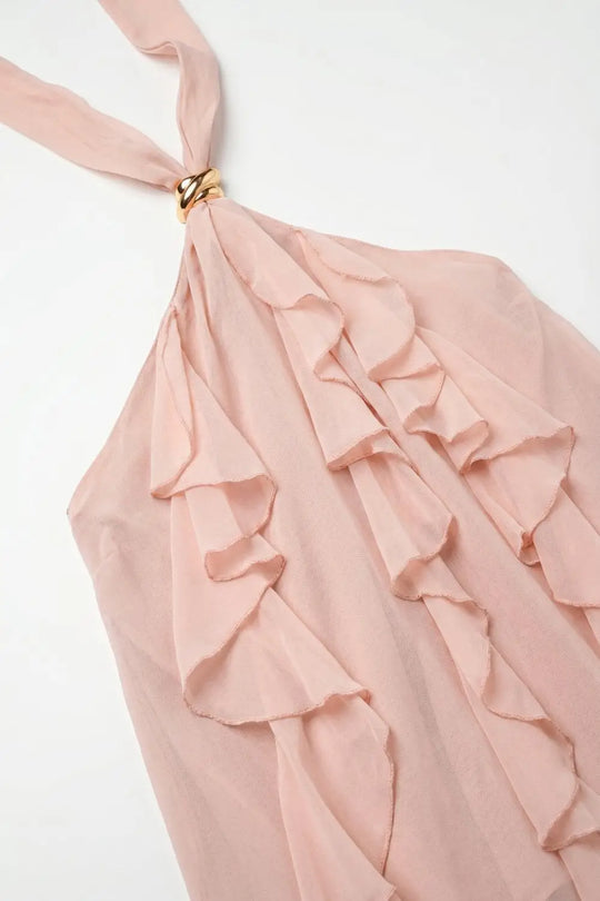 Chiffon Ruffle Detail Halter Neck Sleeveless top in Light Pink - Tops