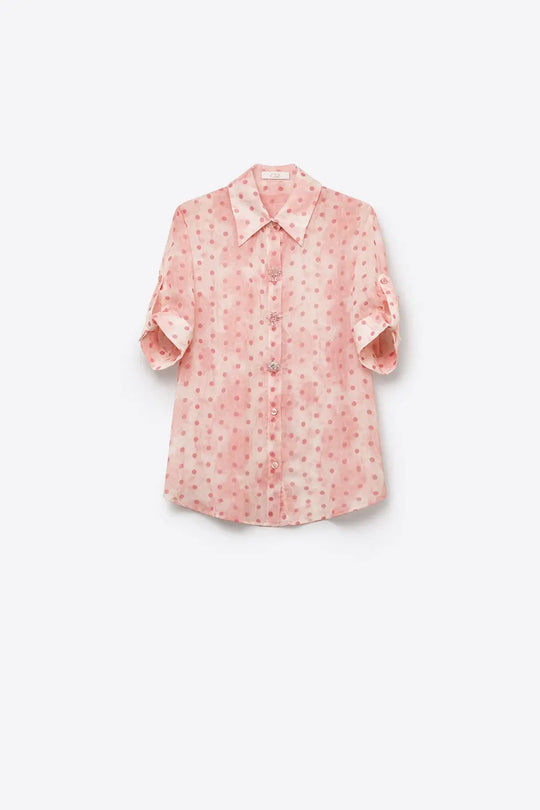 Light Pink Polka-Dot Chiffon Shirt with Crystal Buttons details - Shirts