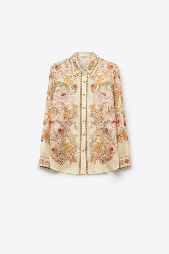 Butter yellow Floral Print shirt with Lace Trim detail - Shirts