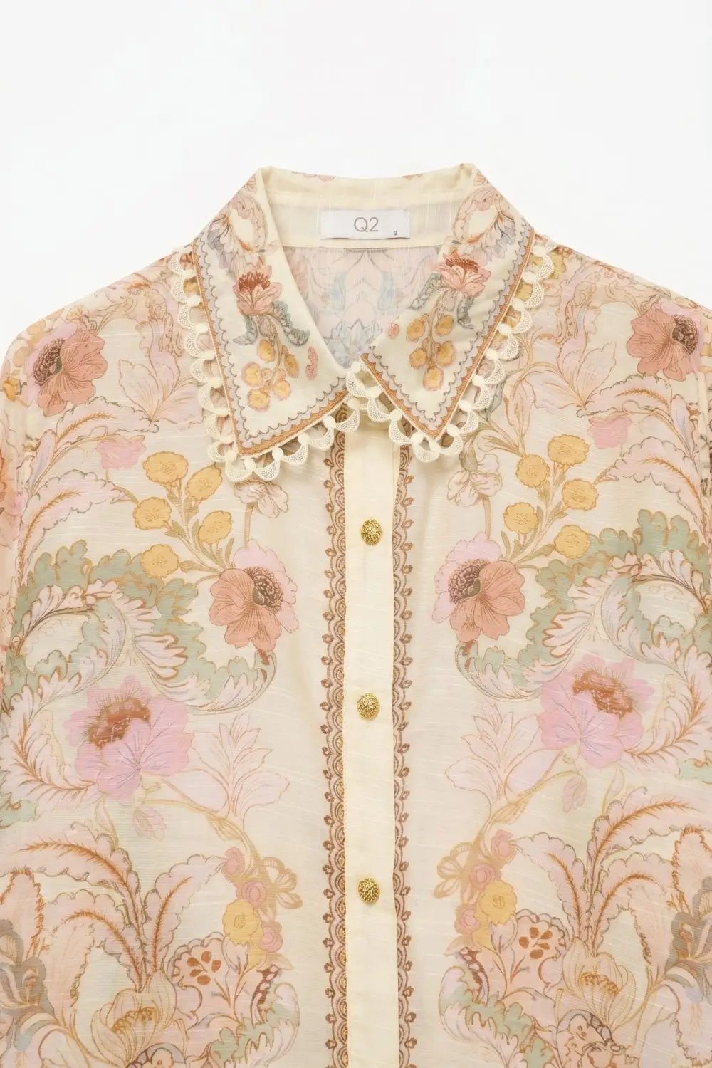 Butter yellow Floral Print shirt with Lace Trim detail - Shirts