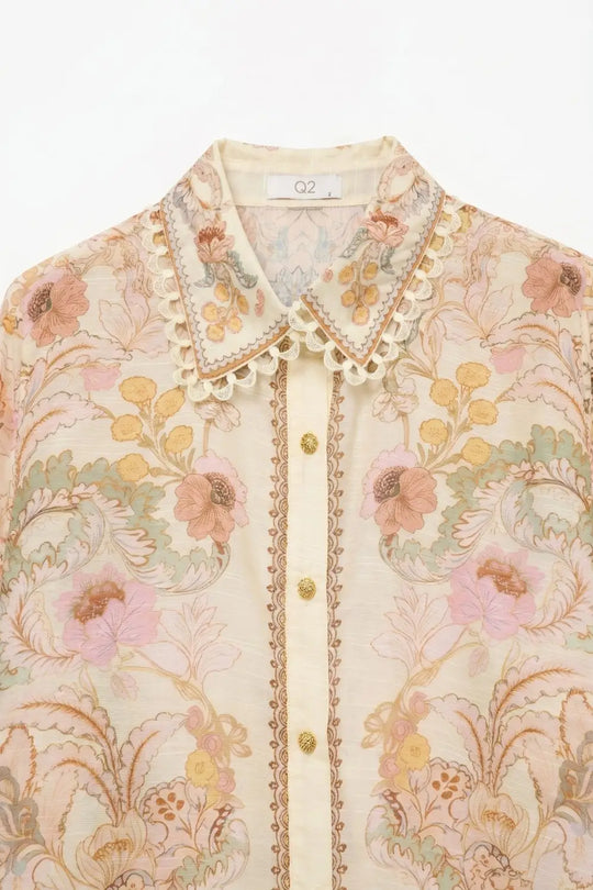 Butter yellow Floral Print shirt with Lace Trim detail - Shirts
