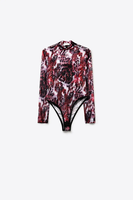 Burgundy Animal Print Sheer Mesh High Neck Long Sleeve Bodysuit - Tops