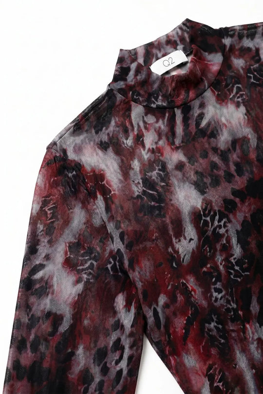 Burgundy Animal Print Sheer Mesh High Neck Long Sleeve Bodysuit - Tops