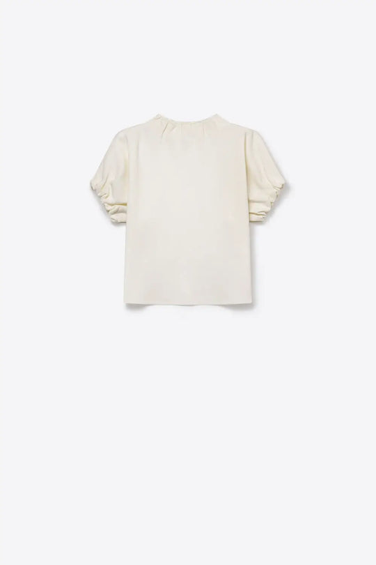 Cream Fine Knit Pleated Mock Neck Short Sleeve Sweater