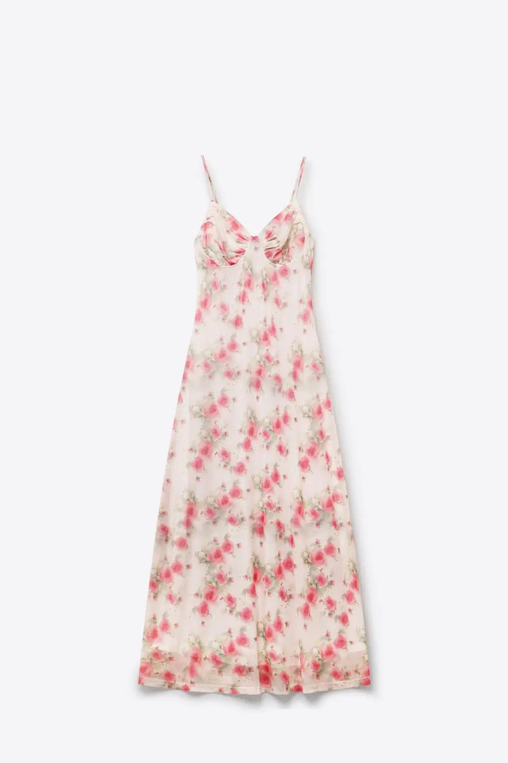 Cream Floral Print Ruched Bust Maxi Dress in mesh fabric - Dresses