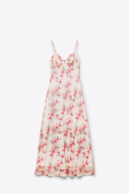 Cream Floral Print Ruched Bust Maxi Dress in mesh fabric - Dresses